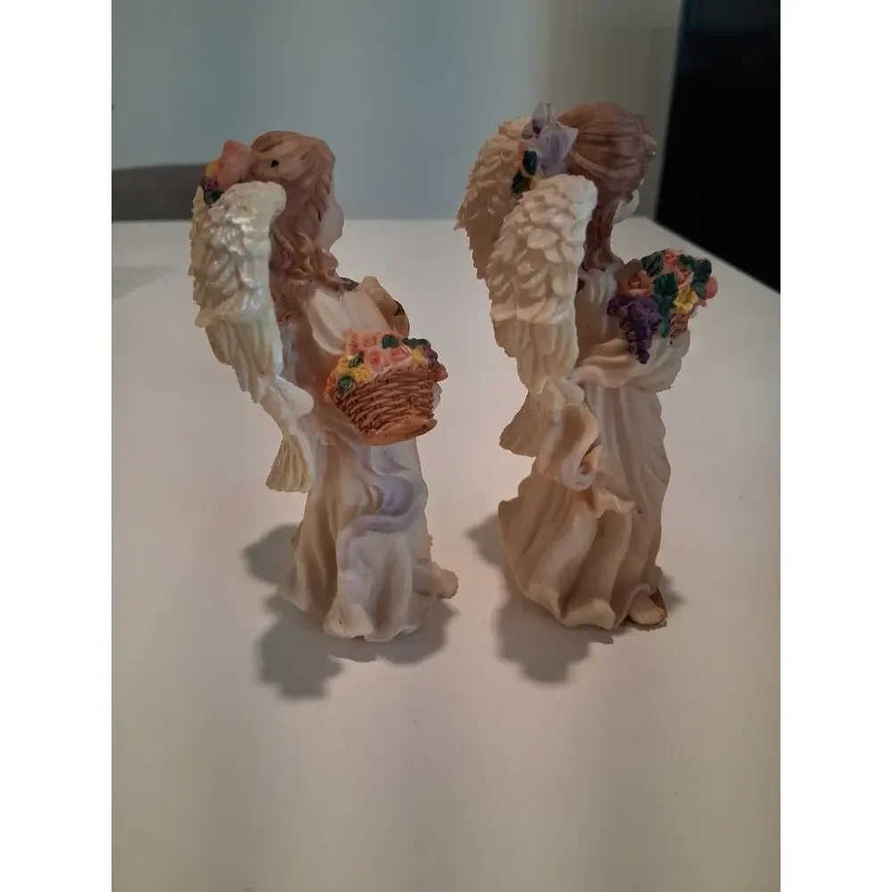 Vintage Resin Angel Figurines Lot Of 2 Guardian Angels With Flowers Basket...